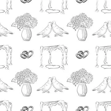 Vector seamless patterns of line art elements on the theme of wedding Stock Illustration