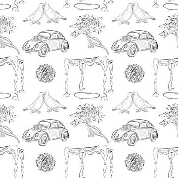 Vector seamless patterns of line art elements on the theme of wedding Stock Illustration