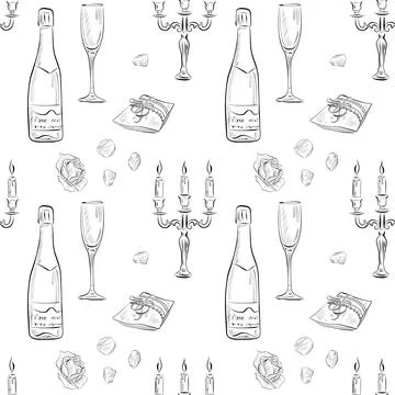 Vector seamless patterns of line art elements on the theme of wedding Stock Illustration