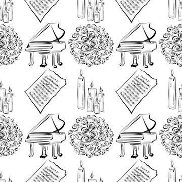 Vector seamless patterns of line art elements on the theme of wedding Stock Illustration