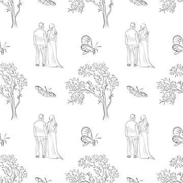 Vector seamless patterns of line art elements on the theme of wedding 스톡 일러스트
