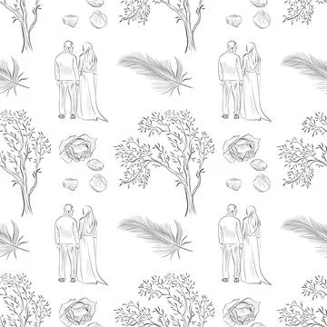 Vector seamless patterns of line art elements on the theme of wedding Stock Illustration