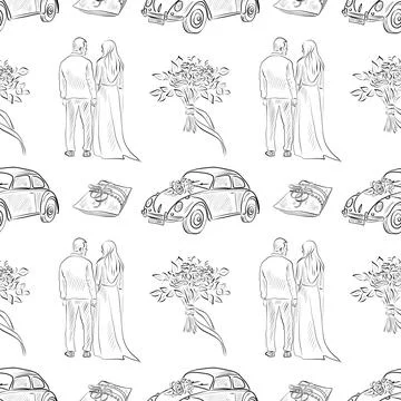 Vector seamless patterns of line art elements on the theme of wedding 스톡 일러스트