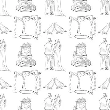 Vector seamless patterns of line art elements on the theme of wedding 스톡 일러스트
