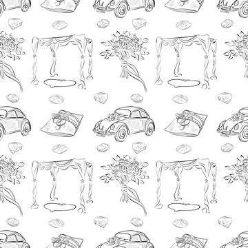 Vector seamless patterns of line art elements on the theme of wedding Stock Illustration