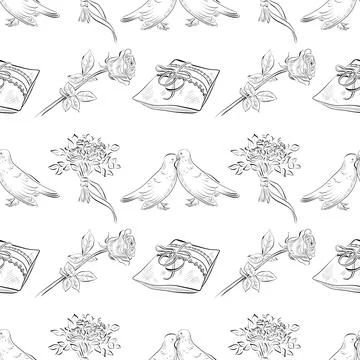 Vector seamless patterns of line art elements on the theme of wedding 스톡 일러스트