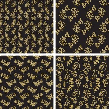 Vector seamless patterns - sketch flowers in gold and black color Stock Illustration