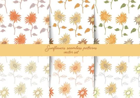Vector seamless patterns with sunflowers in 6 colors variations. Stock Illustration