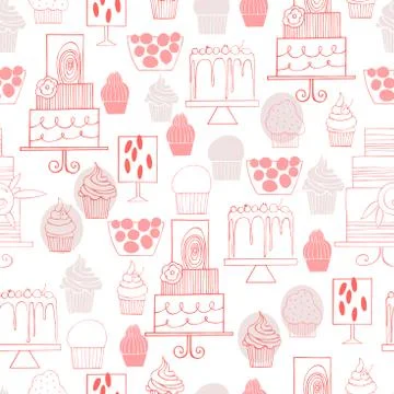 Vector seamless pink  pattern with cakes Stock Illustration