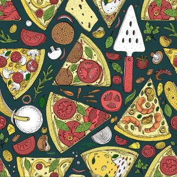 Vector seamless Pizza slice pattern. Hand drawn pizza illustration. Great for Stock Illustration