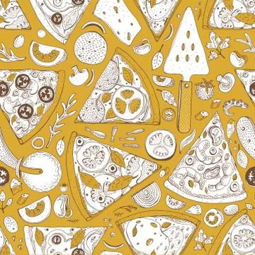 Vector seamless Pizza slice pattern. Hand drawn pizza illustration. Great for Stock Illustration