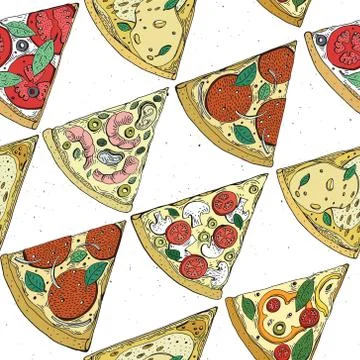 Vector seamless Pizza slice pattern. Hand drawn pizza illustration. Great for Stock Illustration