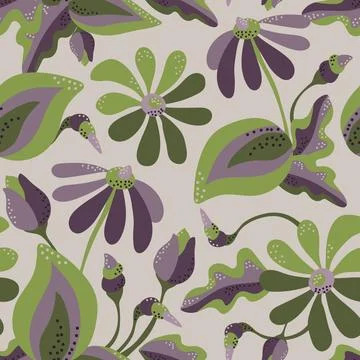 Vector seamless plant pattern. Stylized flowers, buds, leaves Stock Illustration