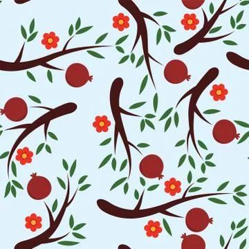 Vector seamless pomegranate background pattern with fruits and flowers Stock Illustration