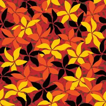 Vector seamless red, orange, yellow and black colored leaf pattern texture イラスト素材
