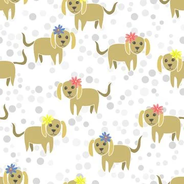 Vector Seamless Repeat Pattern With Cute Dogs With Flowers On White Stock Illustration