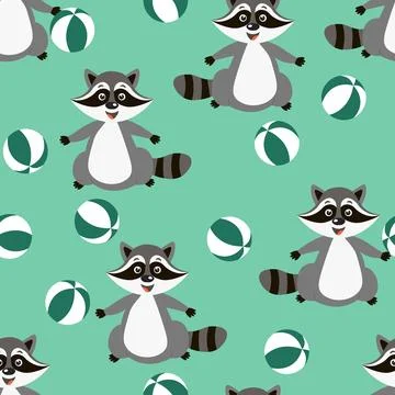 Vector seamless repeating childish pattern with cute raccoon in doodle style Stock Illustration