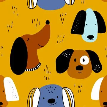 Vector seamless repeating childish pattern with cute dogs in Scandinavian style Illustrazione stock