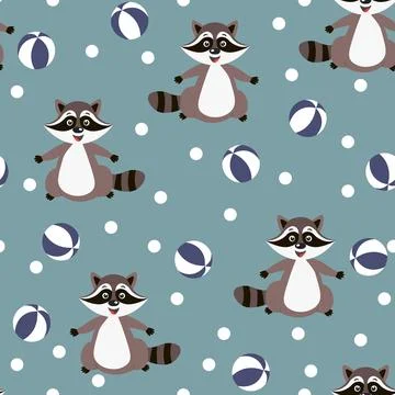 Vector seamless repeating childish pattern with cute raccoon in doodle style Stock Illustration