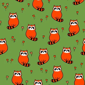 Vector seamless repeating childish pattern with cute raccoon in doodle style Stock Illustration