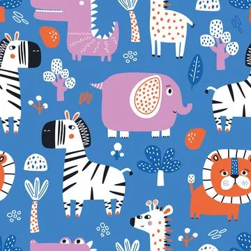 Vector seamless repeating color baby pattern with cute animals on white イラスト素材