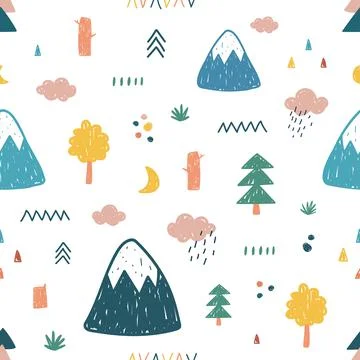 Vector seamless repeating cute children's pattern with hand-drawn mountains, Stock Illustration