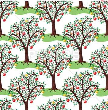 Vector seamless repeating pattern with apple trees with fruits Stock Illustration