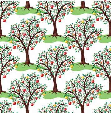 Vector seamless repeating pattern with apple trees with fruits Stock Illustration