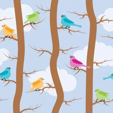 Vector seamless repeating pattern with birds and trees Illustrazione stock