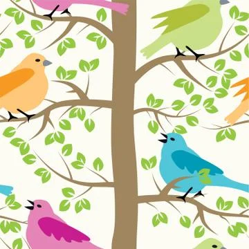 Vector seamless repeating pattern with birds and trees Stock Illustration