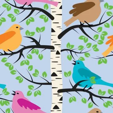 Vector seamless repeating pattern with birds and birch tree Illustrazione stock