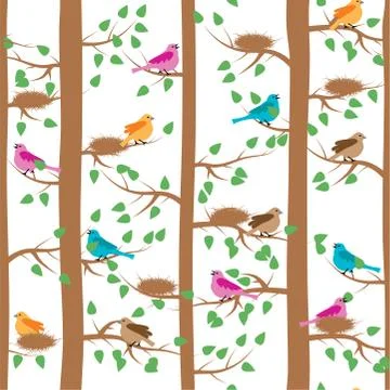 Vector seamless repeating pattern with birds and trees Stock Illustration