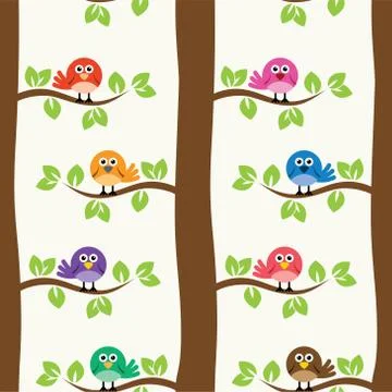 Vector seamless repeating pattern with birds and trees Stock Illustration