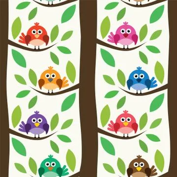 Vector seamless repeating pattern with birds and trees Stock Illustration