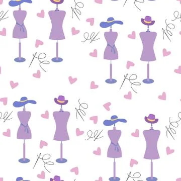 Vector seamless repeating pattern with sewing accessories and mannequins Stock Illustration