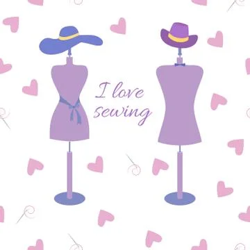 Vector seamless repeating pattern with sewing accessories and mannequins Stock Illustration