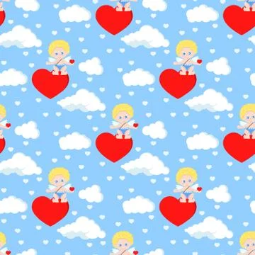 Vector seamless romantic pattern with cute cupid sitting on heart. Stock Illustration