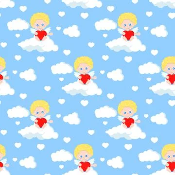 Vector seamless romantic pattern with cute cupid sitting on clouds with red h イラスト素材
