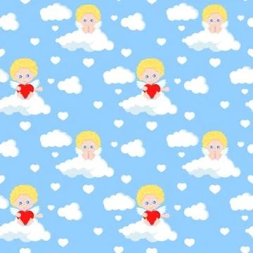 Vector seamless romantic pattern with cute cupid sitting on cloud with red he 스톡 일러스트
