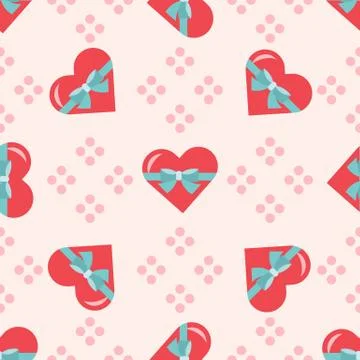 Vector seamless romantic pattern with red hearts, blue bow, pink dotes on lig Stock Illustration