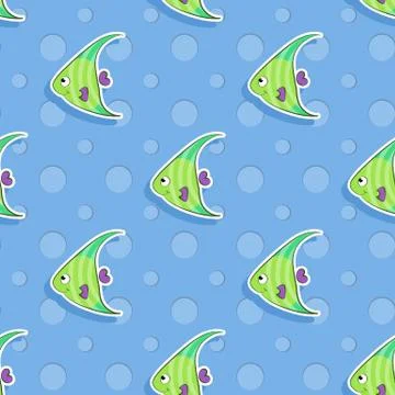 Vector seamless sea pattern with smiling triangular green fish. Pattern for Illustrazione stock