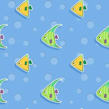 Vector seamless sea pattern with smiling triangular green and yellow fish Stock Illustration