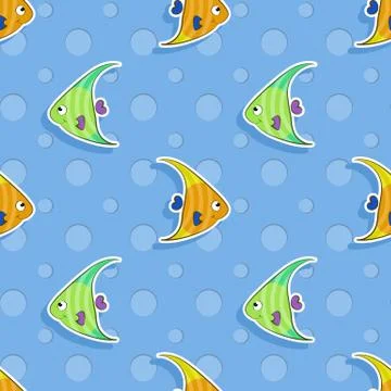 Vector seamless sea pattern with smiling triangular green and orange fish Stock Illustration