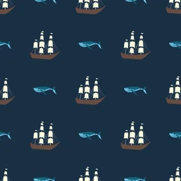 Vector seamless ship and whale pattern. Ocean or sea background Stock Illustration