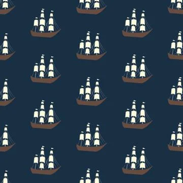 Vector seamless ship and whale pattern. Ocean or sea background Stock Illustration