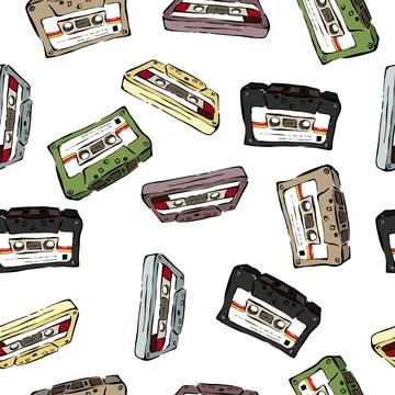 Vector seamless simple pattern audio cassettes on white background Stock-Illustration