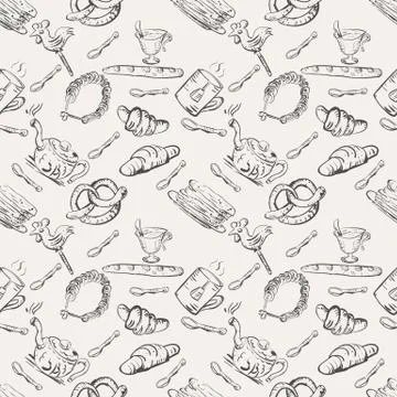 Vector seamless sketch of tea set and pastry and sweets Stock Illustration