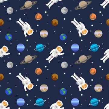 Vector seamless space pattern with planets of Solar system and astronauts Stock Illustration