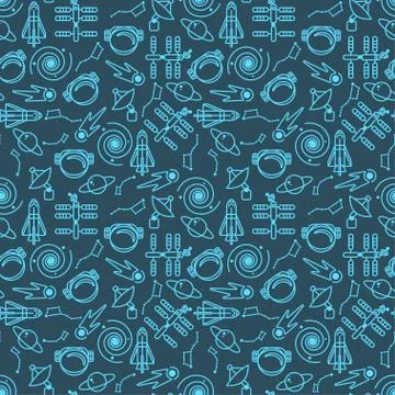 Vector seamless space pattern with spaceships, planets and astronauts helmets Stock Illustration