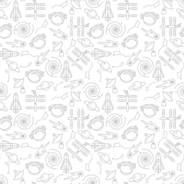 Vector seamless space pattern with spaceships, planets and astronauts helmets Stock Illustration
